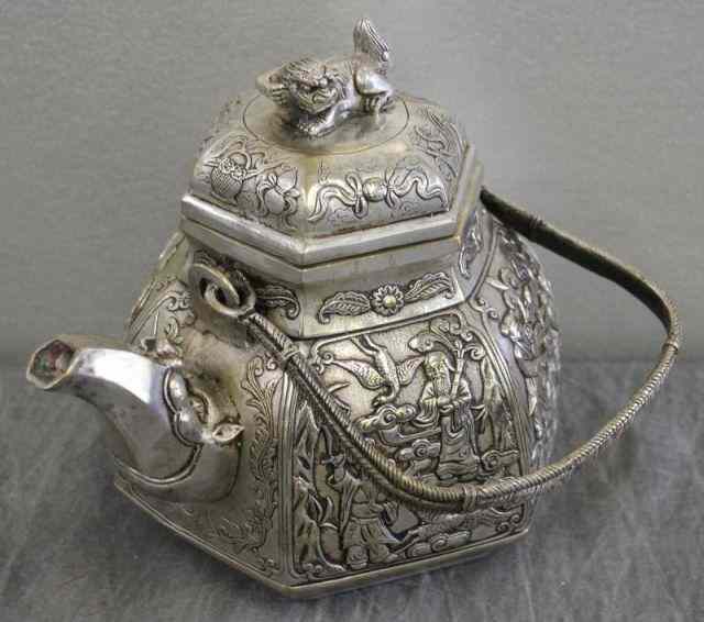 Appraisal: Antique Signed Chinese Silvered Bronze Teapot With foo dog finial