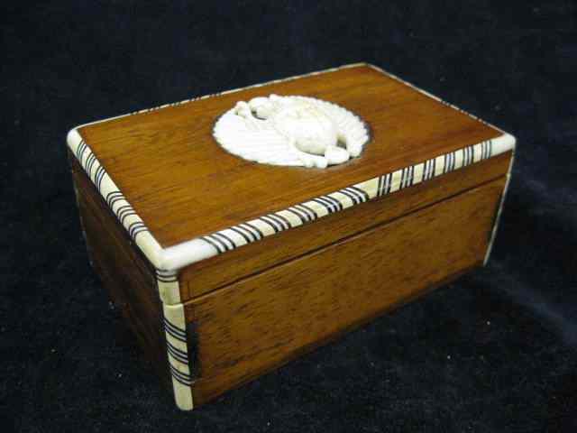 Appraisal: Carved Ivory Wooden Box scarab decor fine inlaid trim ''