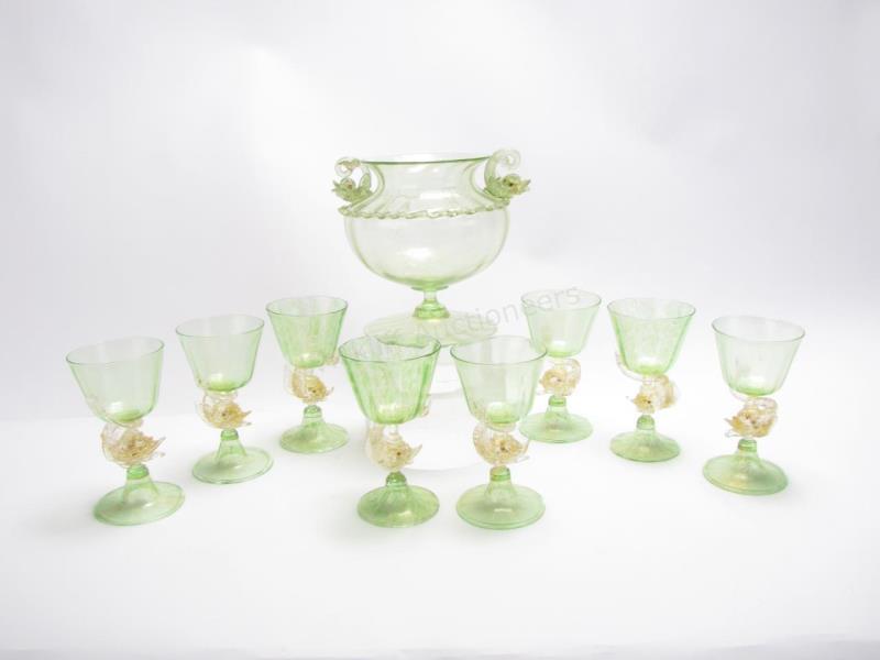 Appraisal: Venetian glass Dolphin Urn and Stemware green and gold flake