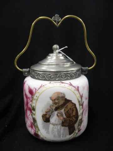 Appraisal: Victorian Biscuit Jar with Monk Decor signed Victoria Carlsbad Austria