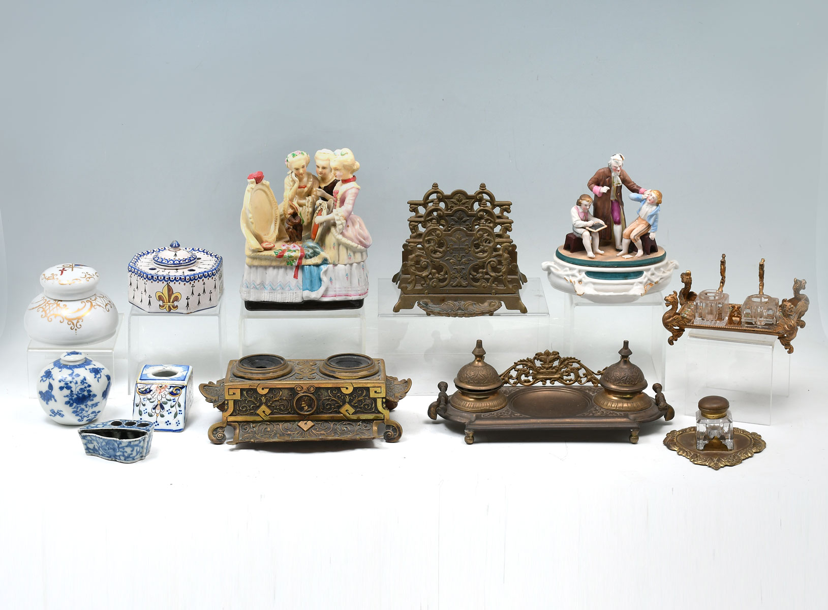 Appraisal: PC INKWELL DESK SET COLLECTION Comprising Chinese blue white porcelain