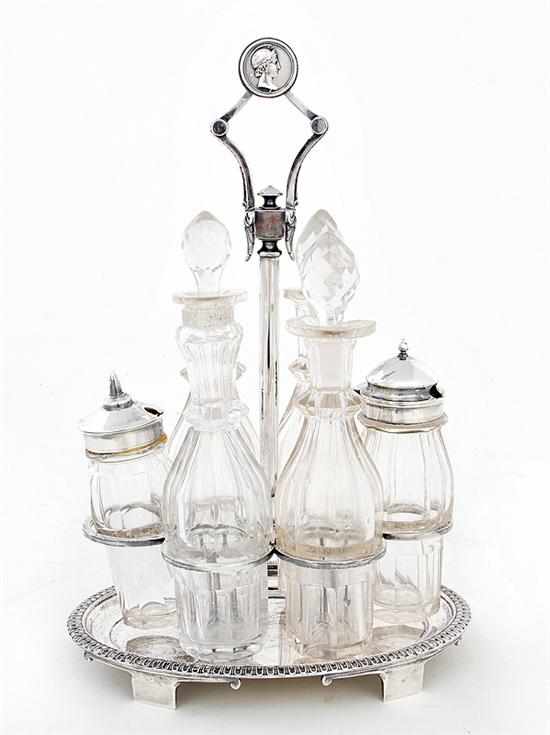 Appraisal: Gorham Medallion silverplate cruet stand Rhode Island circa Medallion finial