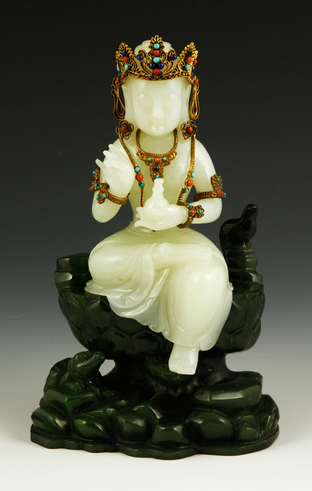 Appraisal: - Chinese Carved Jade Guanyin Figure Carved jade figure of