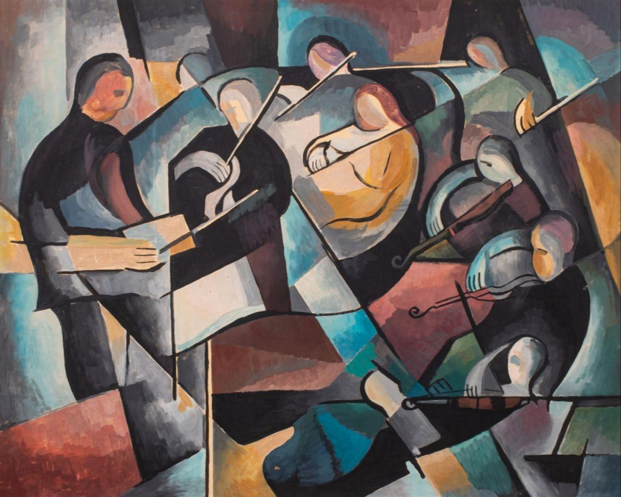 Appraisal: ILLEGIBLY SIGNED CUBIST 'MUSICIANS' OIL ON PANEL Cubist oil on