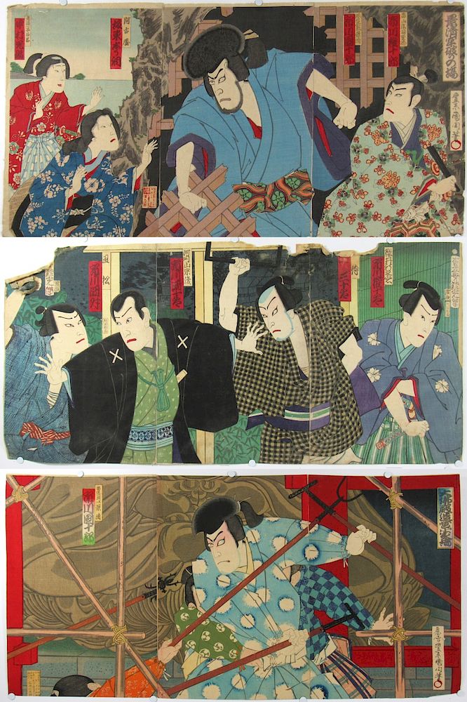 Appraisal: KUNISADA Utagawa Three Kabuki Triptychs Including Ichikawa Danjuro in various