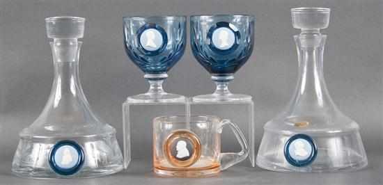 Appraisal: Pair of Wedgwood glass decanters with applied blue and white