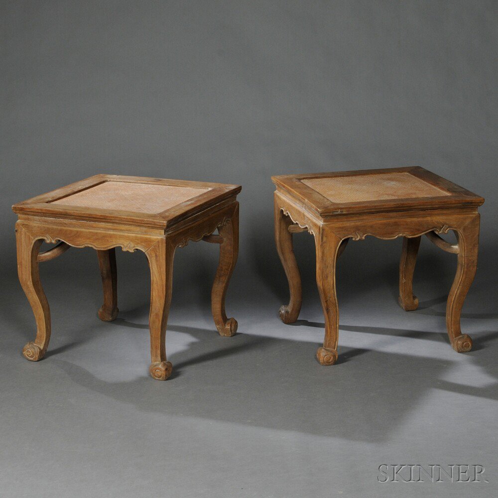 Appraisal: Pair of Square Stools China hardwood soft-mat set in frame