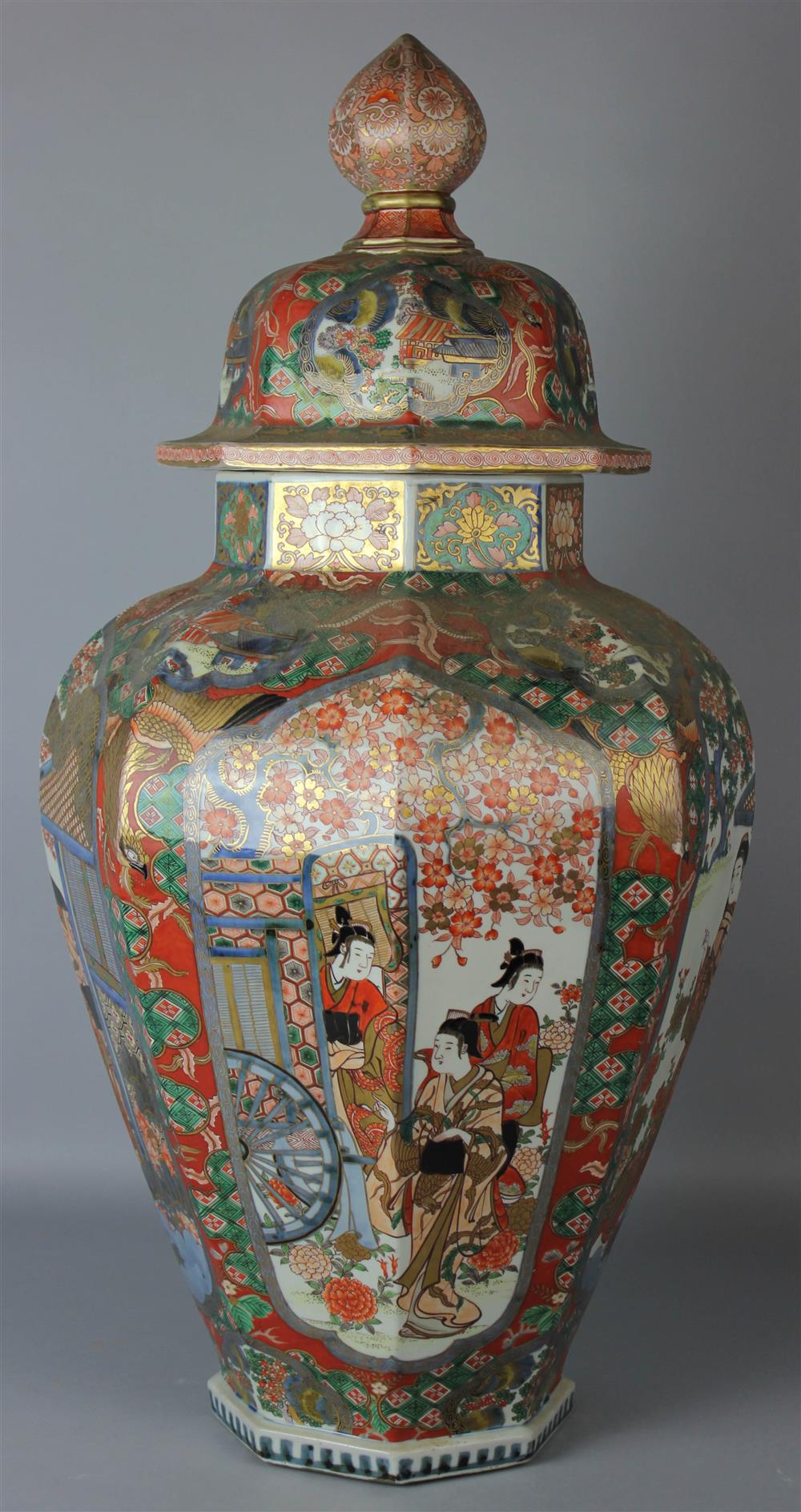 Appraisal: JAPANESE OCTAGONAL BALUSTER VASE AND DOMED COVER MEIJI PERIOD elaborately