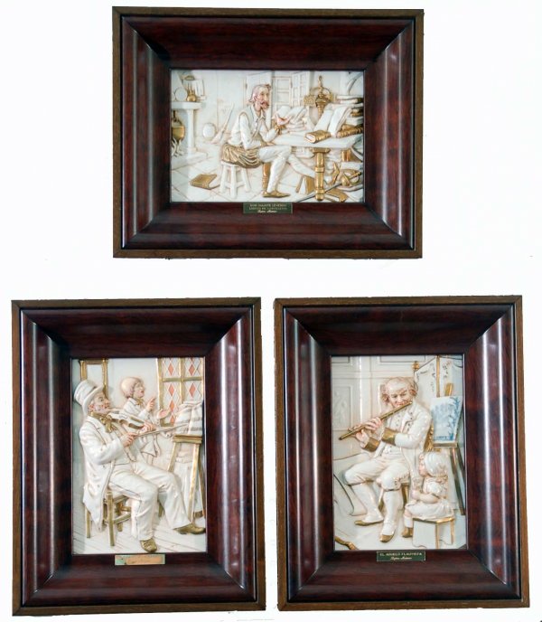 Appraisal: Three Spanish porcelain tiles Titled El Abuelo Flautista Don Quijote