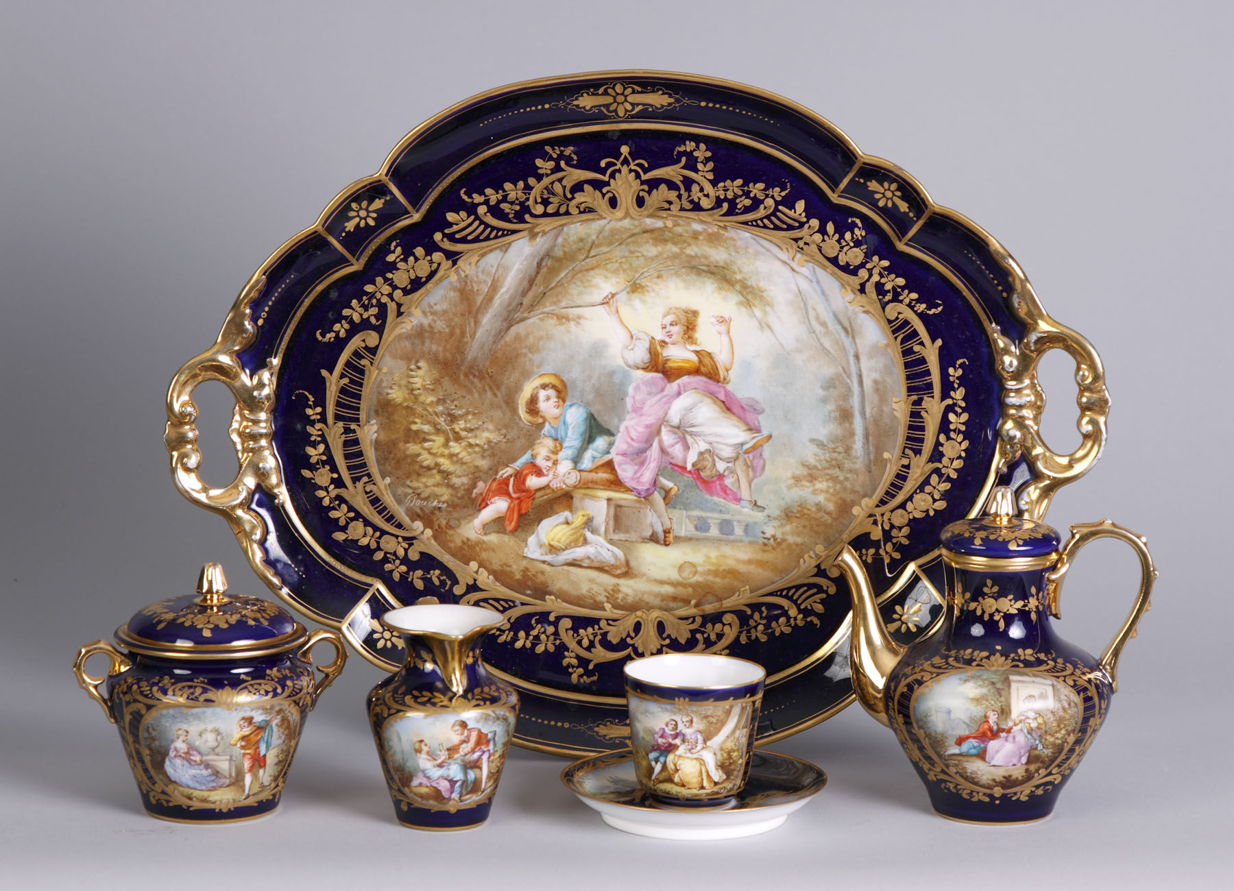 Appraisal: Sevres Cobalt Tea Set w Tray Artist sgn Boucher All