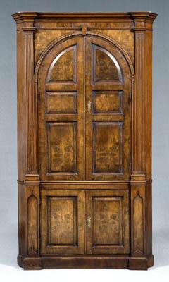 Appraisal: Chippendale burlwood veneer corner cupboard single-case construction with pine secondary