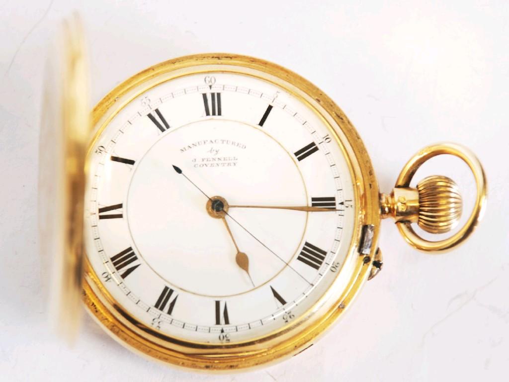 Appraisal: J FENNELL COVENTRY CT GOLD HUNTER POCKET WATCH with keyless