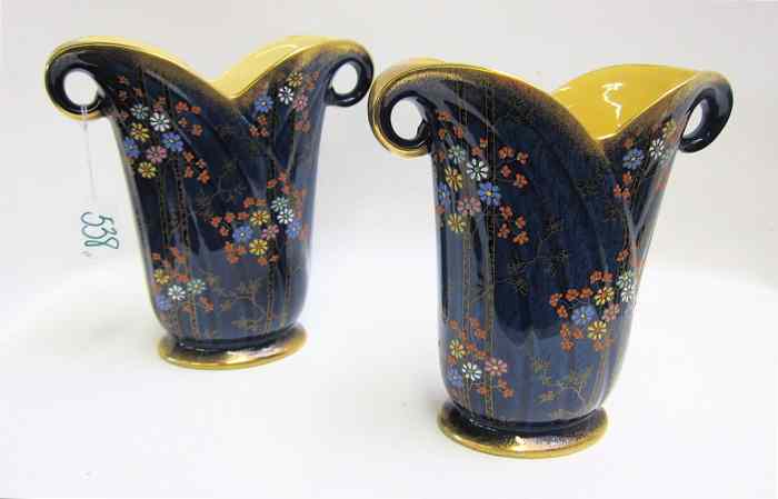 Appraisal: PAIR CROWN DEVON PORCELAIN VASES double handled having hand enameled