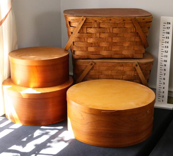 Appraisal: SHAKER-STYLE BAND BOXES AND PICNIC BASKETSThe contemporary collection as shown