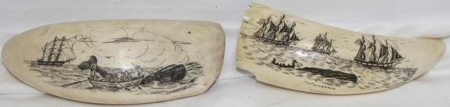 Appraisal: TWO EARLY TH CENTURY SCRIMSHAW WHALE S TEETH BOTH DEPICT