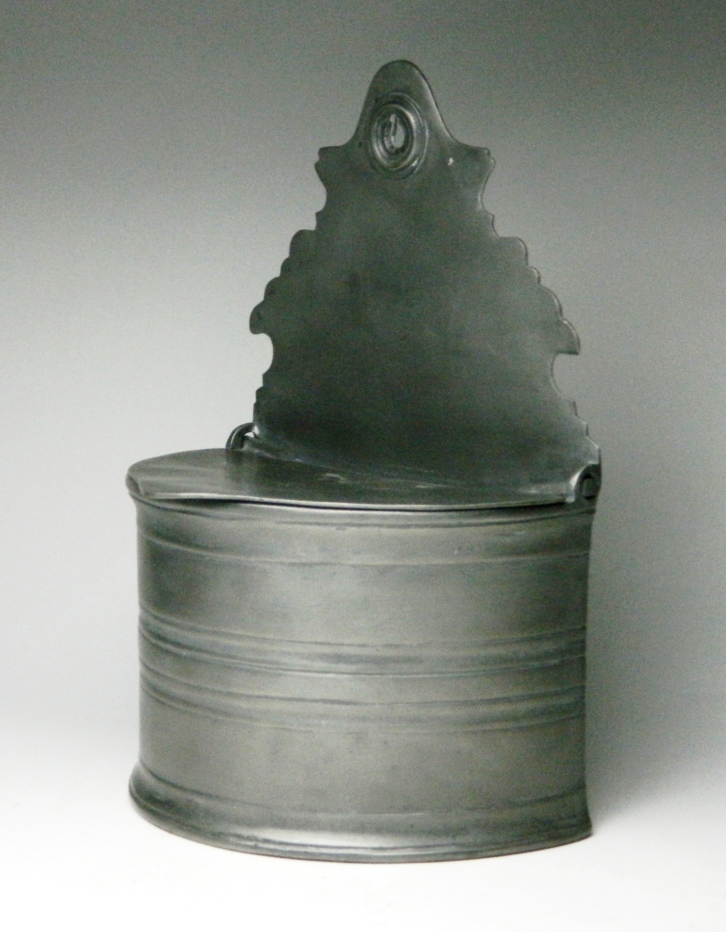 Appraisal: Pewter salt box wall-hanging with shaped cresting and hinged cover