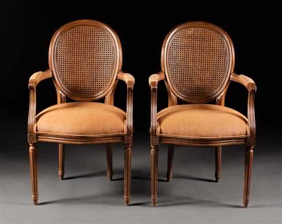 Appraisal: Set of six Louis XVI style walnut and caned upholstered