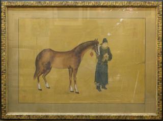 Appraisal: Chinese Horse Groom Painting Ink on Silk Chinese horse and