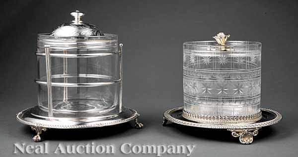 Appraisal: Two Antique English Silverplate and Crystal Biscuit Barrels heights in