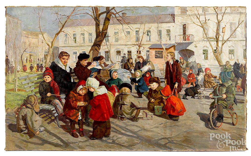 Appraisal: Large Russian oil on canvas street scene Large Russian oil