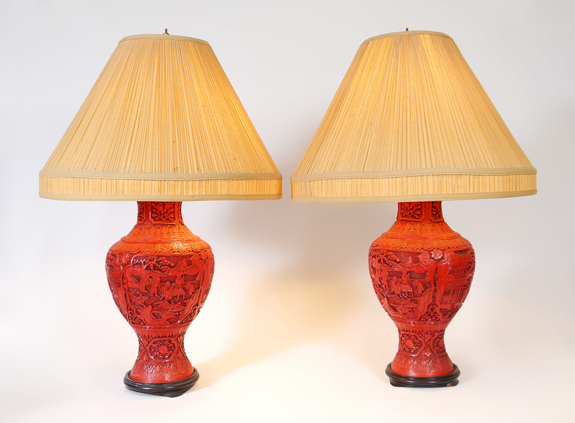 Appraisal: A PAIR OF CHINESE RED CINNABAR LACQUER LAMPS Large pair