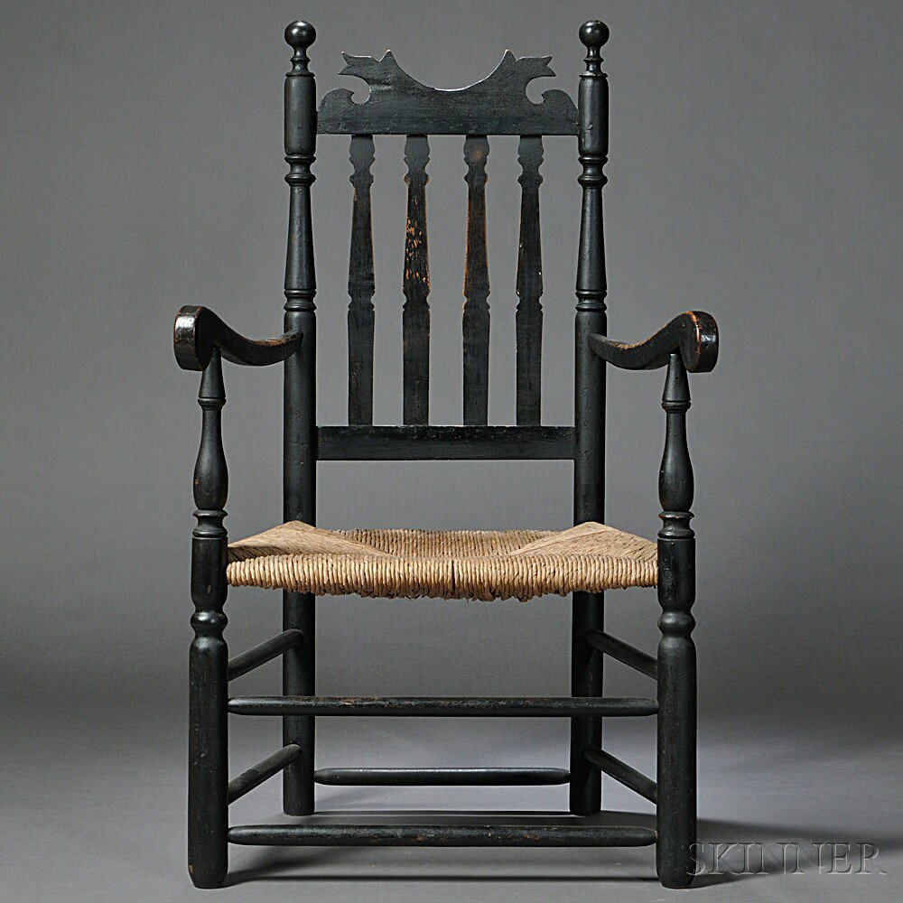 Appraisal: Black-painted Bannister-back Armchair possibly Portsmouth New Hampshire th century with