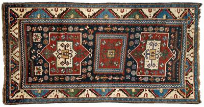 Appraisal: Fachralo Kazak rug three geometric central medallions on blue ground