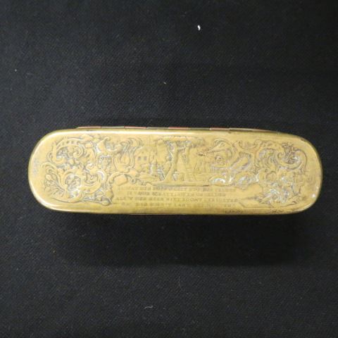 Appraisal: th Century Dutch Brass Copper Tobacco Box figures sayings x