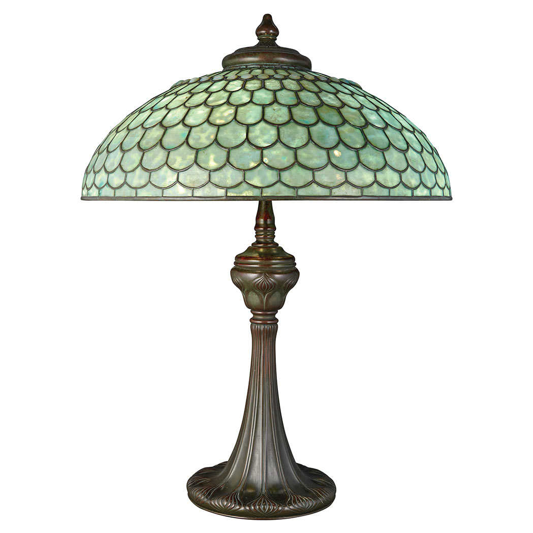 Appraisal: Tiffany Studios Bronze and Favrile Opalescent Glass Geometric Library Lamp