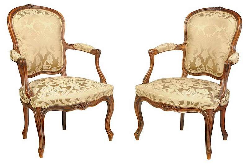 Appraisal: Pair Louis XV Style Walnut Fauteuils French late th early