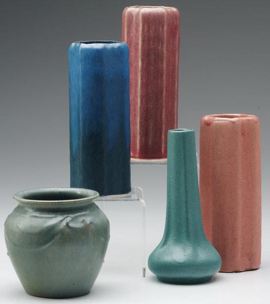 Appraisal: AREQUIPA Five vases in various matte glazes one embossed with