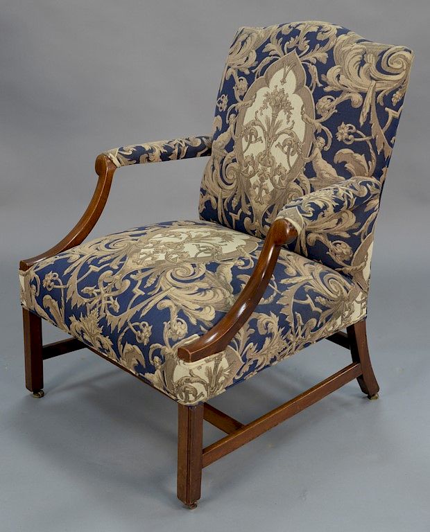 Appraisal: Chippendale mahogany upholstered armchair on squared legs with H stretcher