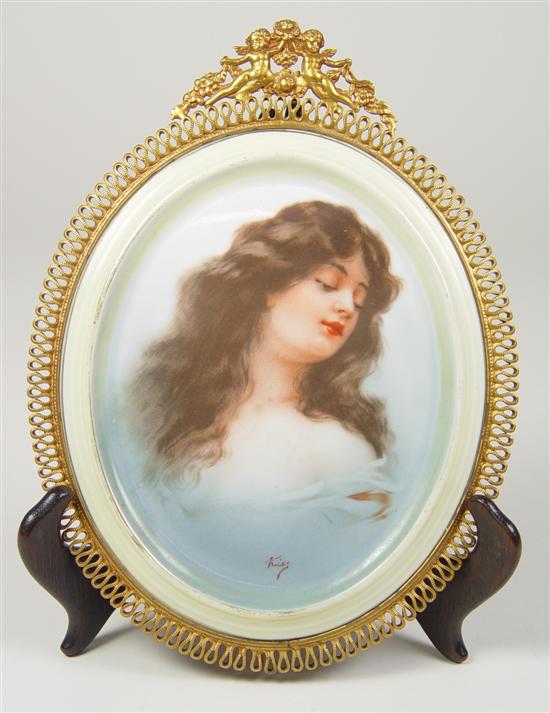 Appraisal: Czechoslovakian Porcelain Plaque of Lady Transfer decoration on porcelain tile