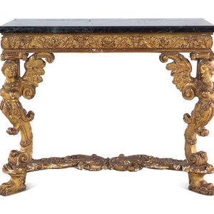 Appraisal: An Italian Giltwood Marble-Top Console Table th Century Height x