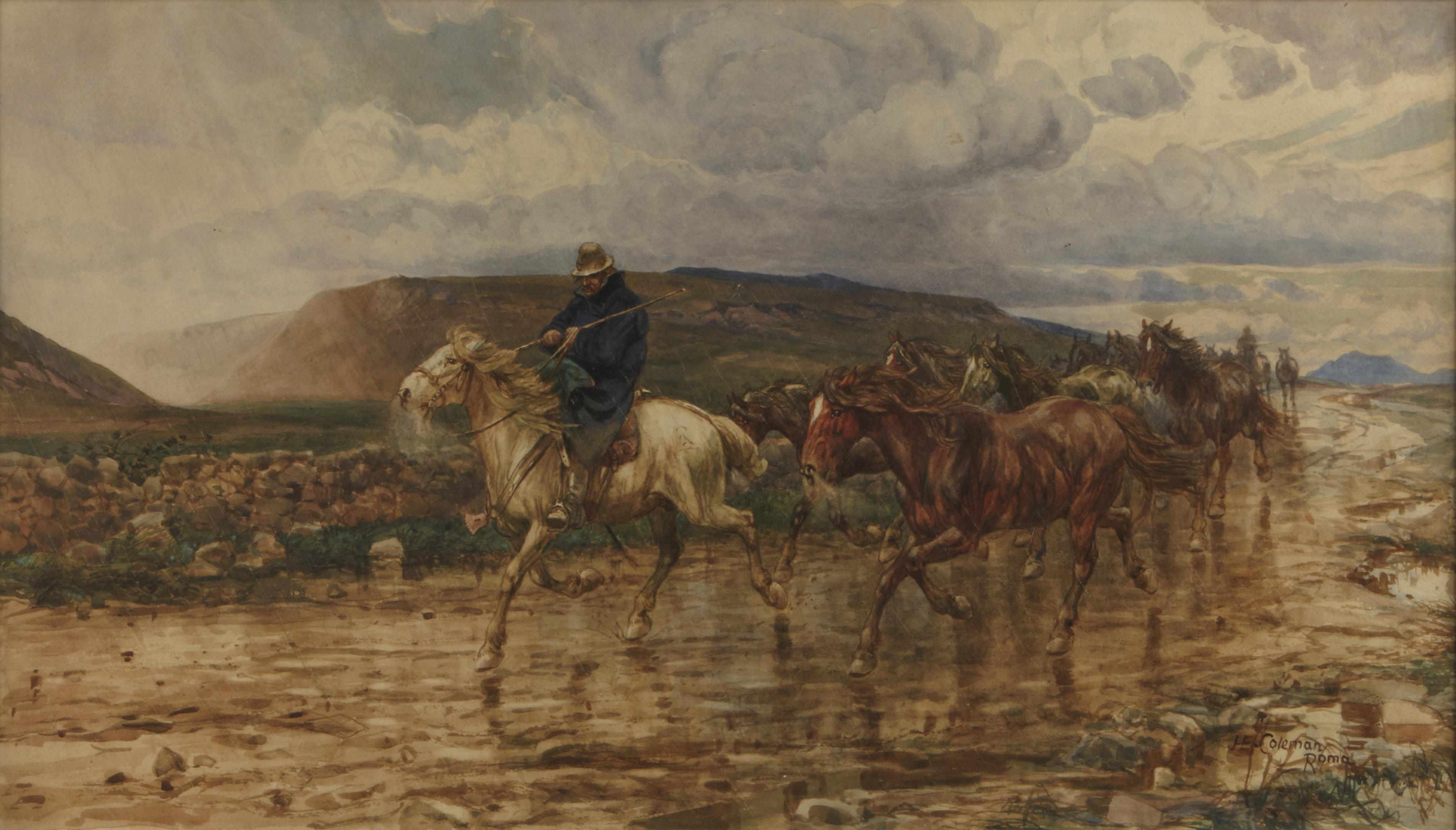 Appraisal: Enrico Coleman Italian - A rider leading his horses through