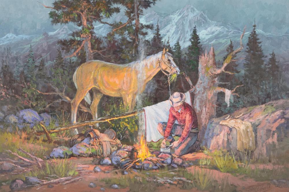 Appraisal: FRED OLDFIELD Washington b oil on canvas cowboy campfire with