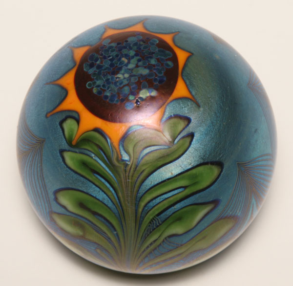 Appraisal: Orient Flume blue iridescent glass sunflower paperweight Signed H