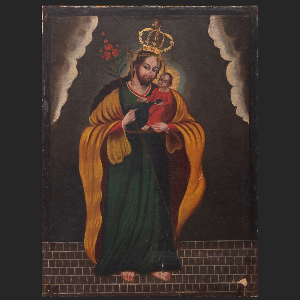 Appraisal: Spanish Colonial School Christ As King Holding Baby Jesus Oil