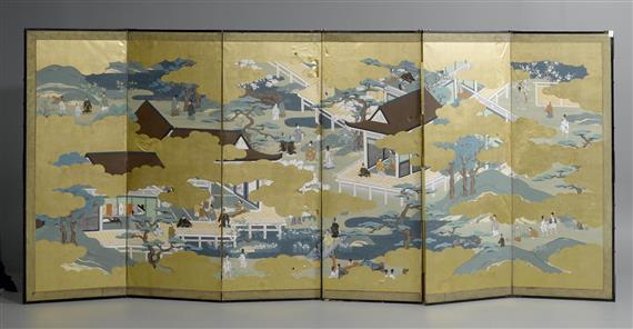 Appraisal: SIX-PART FOLDING SCREEN Japan ca x cm Panel Ink colours