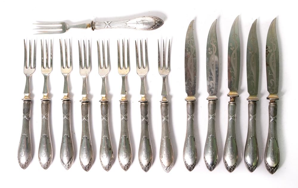 Appraisal: Fourteen piece German silver fish set comprising five knives and