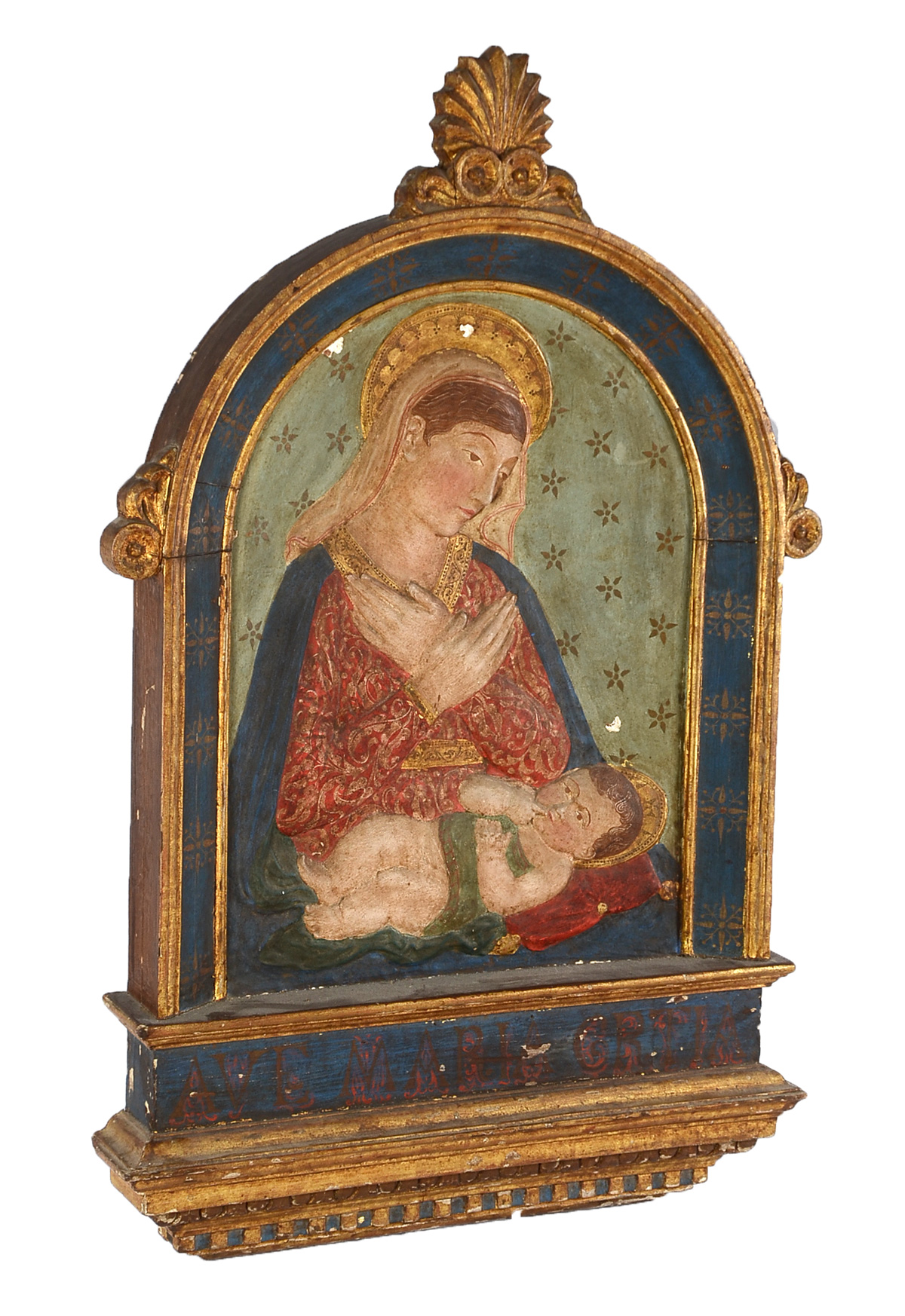 Appraisal: LARGE CARVED WOOD AND POLYCHROME GESSO MADONNA AND CHILD AVE