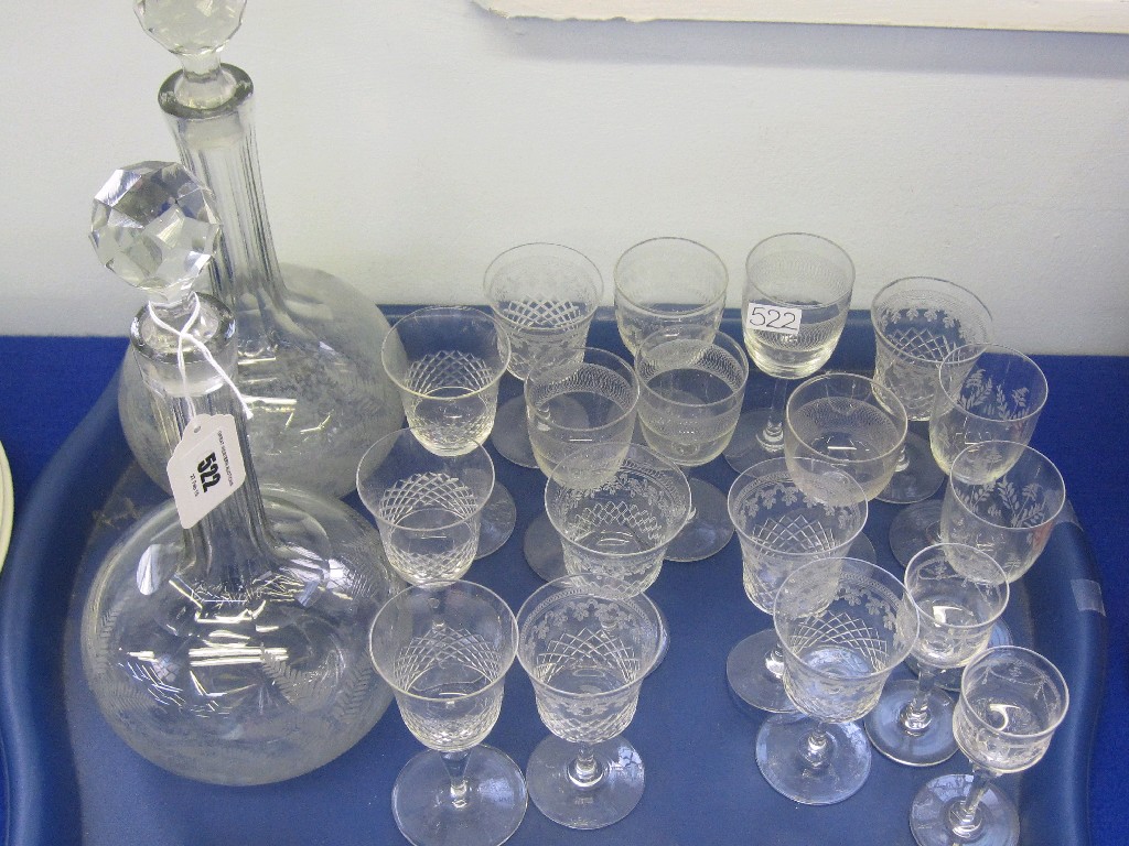 Appraisal: Tray lot of glassware containing two etched glass decanters and