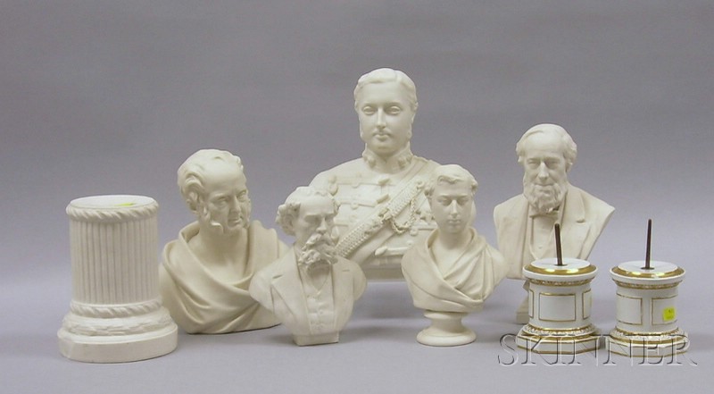 Appraisal: Six Parian Historical and Character Busts a Pedestal and a