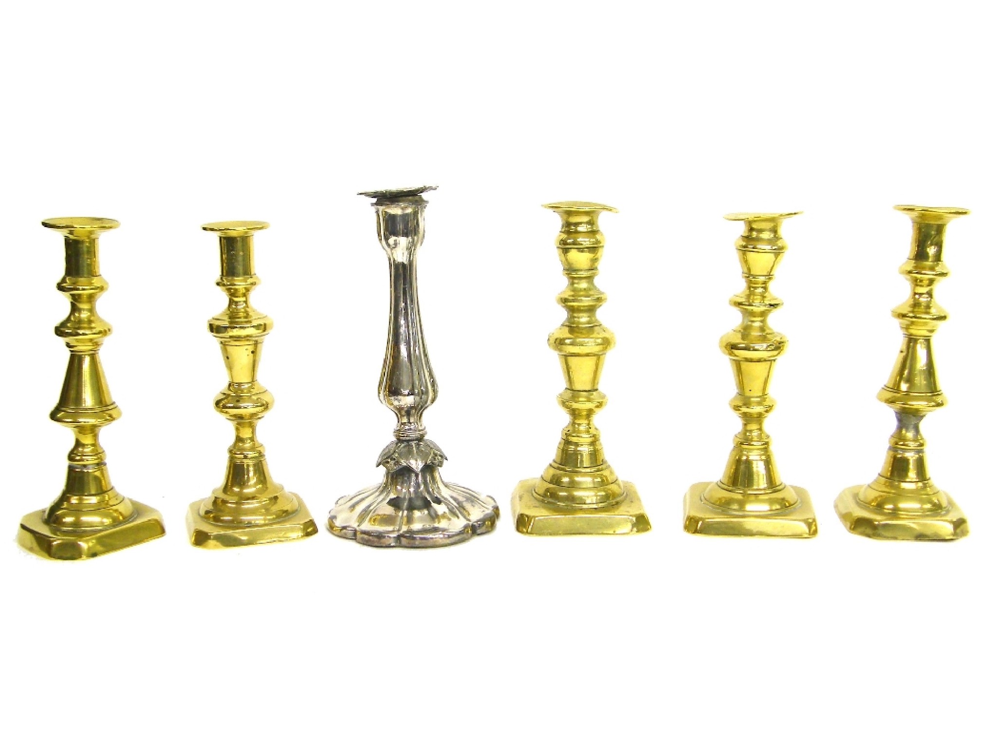 Appraisal: Two pairs of brass candlesticks high together with a further