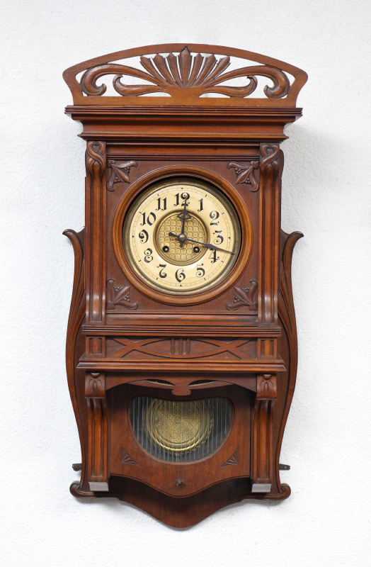 Appraisal: FURTWANGLER ART NOUVEAU GERMAN CARVED WALL CLOCK Walnut case with