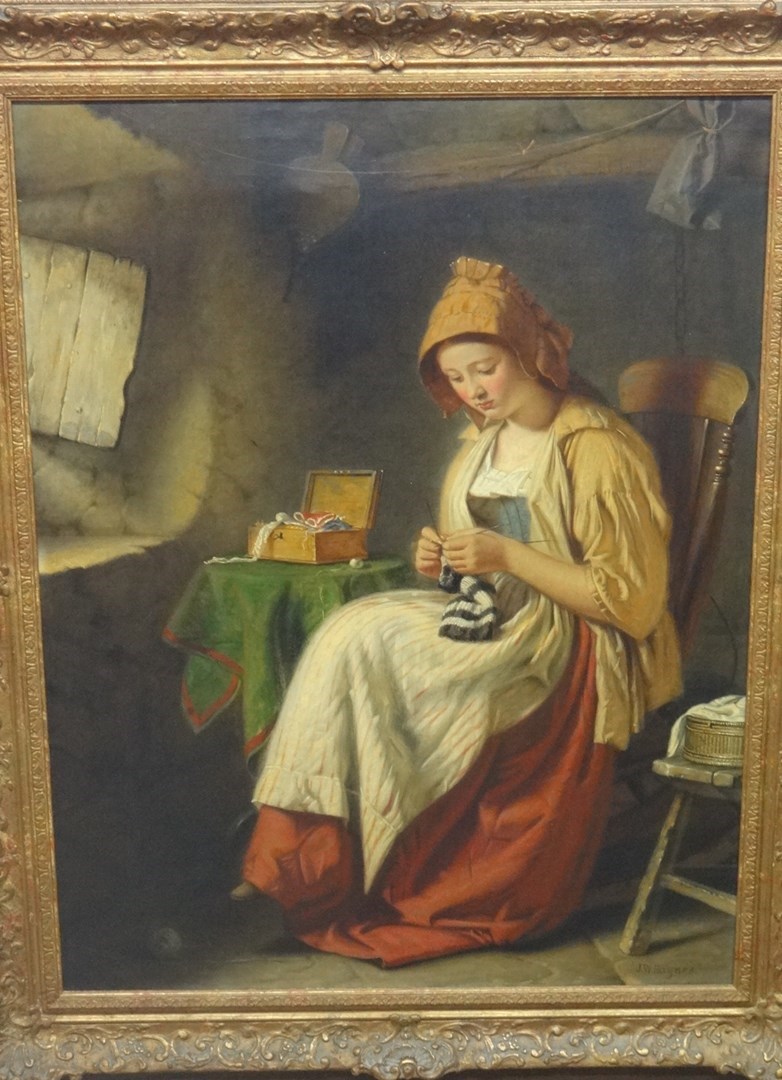 Appraisal: John William Haynes - 'Knitting' oil on canvas signed inscribed