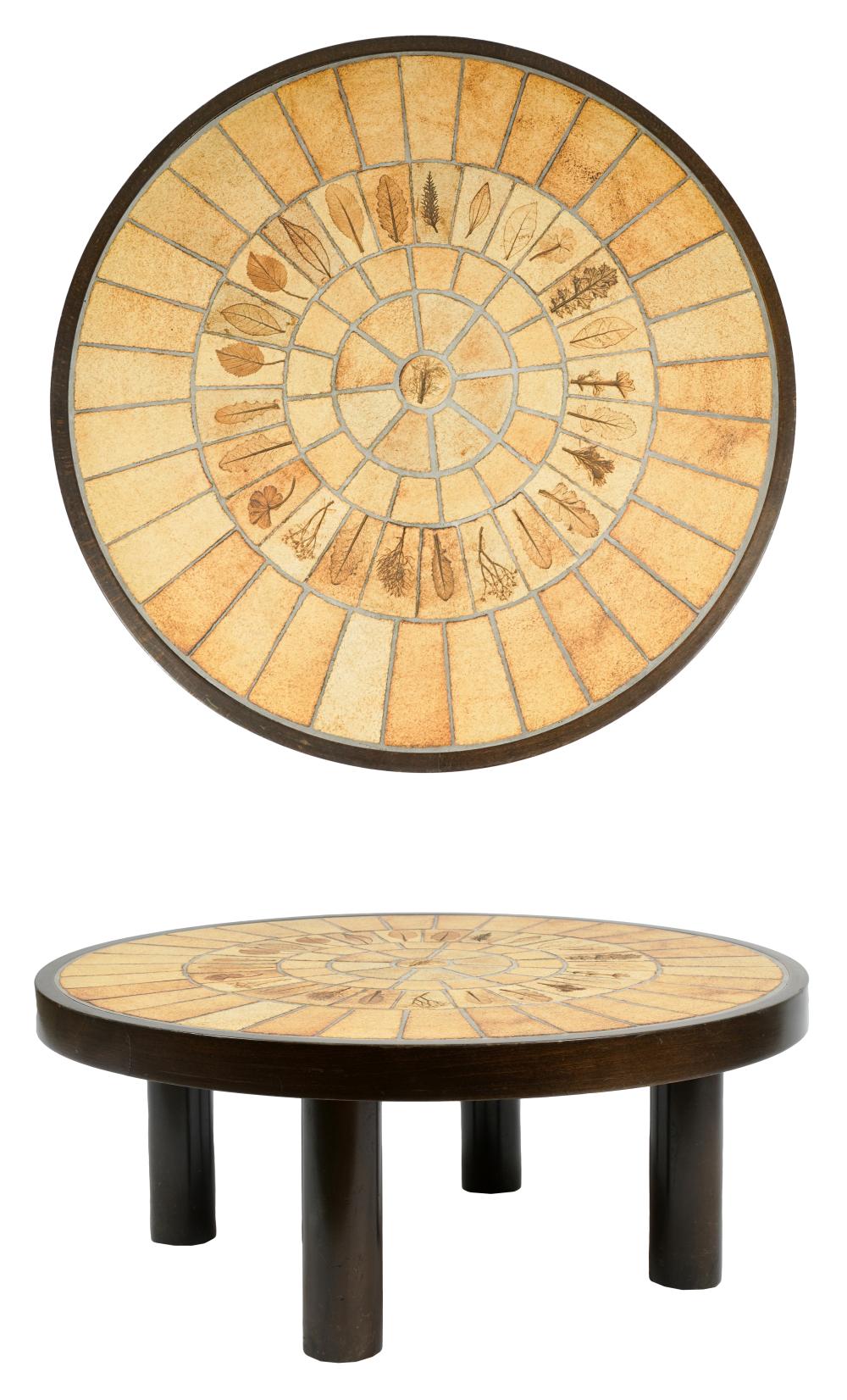 Appraisal: ROGER CAPRON - ROUND COFFEE TABLEFrance s tile and stained