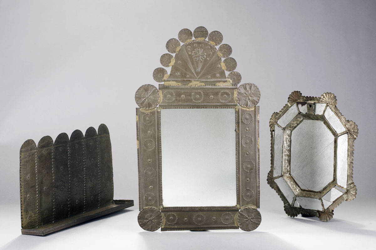 Appraisal: EARLY PUNCHED-TIN LIGHTING DEVICE AND TWO SIMILAR MIRRORS POSSIBLY PENNSYLVANIA