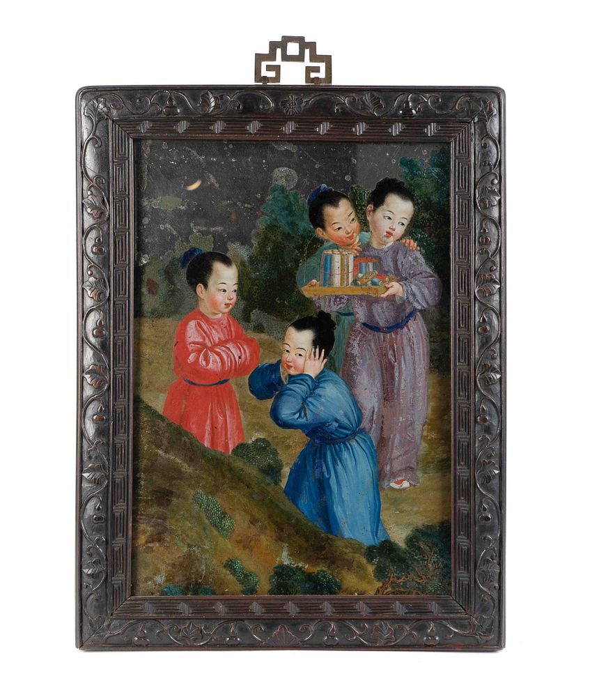 Appraisal: A Chinese Eglomise Figural Scene Framed x inches A Chinese