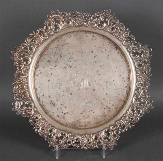 Appraisal: American rococo style sterling silver tray with pierced rim Hickock